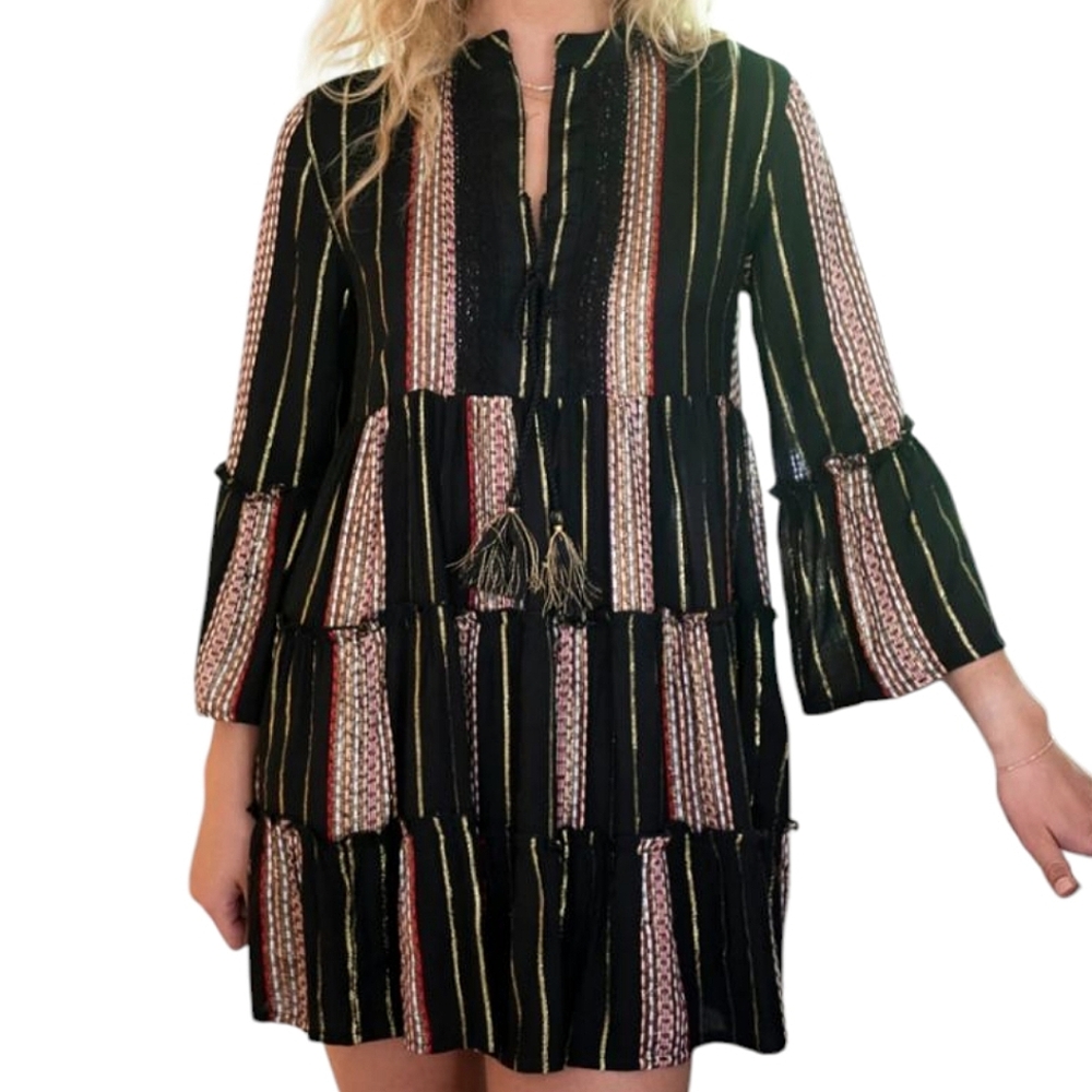 Chic Long Sleeve Striped Dress - Black and Pink - Picture 2 of 7